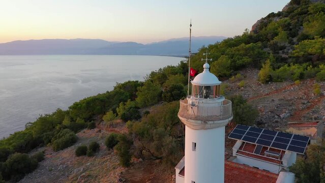 Gelidonya Lighthouse on Turkish Coast of Mediterranean Sea, Aerial View Revealing Sunset Sunlight at Horizon