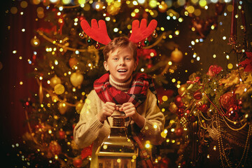 boy in Christmas room