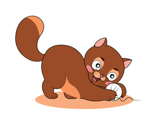 Cute cat play with ball. Playful kitten with white clew, fun and action, active lifestyle. Graphic element for printing on fabric. Love and care for pets, tenderness. Cartoon flat vector illustration