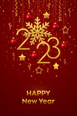 Happy New 2023 Year. Hanging Golden metallic numbers 2023 with shining snowflake and confetti on red background. New Year greeting card or banner template. Holiday decoration. Vector illustration.