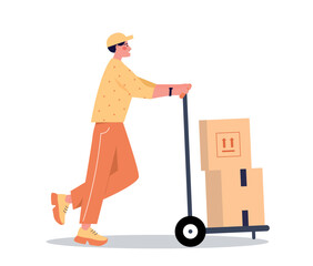 Delivery worker on warehouse icon. Young guy in yellow cap moving boxes. Poster or banner for site. Transportation and logistics. Preparing goods for shipment. Cartoon flat vector illustration