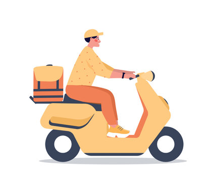 Delivery scouter icon. Courier with briefcase on vehicle and transport. Online shopping and home delivery, comfortable and modern service. Graphic element for website. Cartoon flat vector illustration