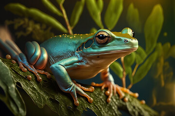 litoria caerulea dumpy frog on green leaves dumpy frog on tree branch amphibian closeup. Generative AI