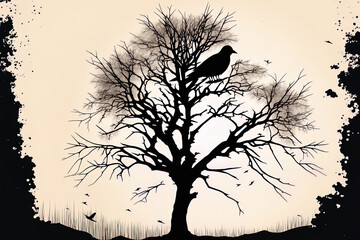 A silhouette of a tree with slender black branches and a black crow in winter. Generative AI
