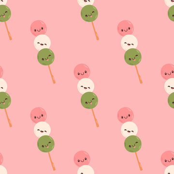 Dango seamless pattern Japanese traditional dessert isolated on white. Hanami Dango dessert vector 