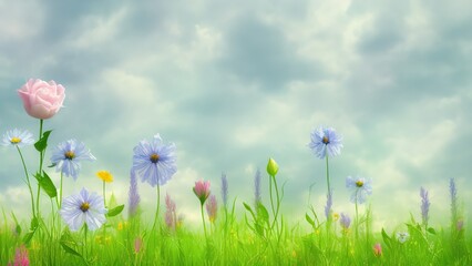 Fototapeta na wymiar spring landscape panorama with flowering flowers on meadow, blue sky and butterflies.