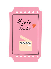 Movie date coupon. Romantic date, tenderness and love. Cinematography, films and serials. Creativity and art. Valentines day and wedding anniversary concept. Cartoon flat vector illustration