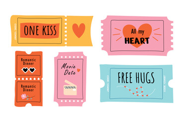 Love coupons set. Collection of graphic elements for website, special offers, discounts. Marketing and positivity and optimism. Cartoon flat vector illustrations isolated on white background