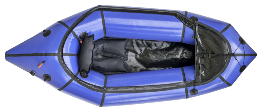 blue packraft (one-person light raft used for expedition or adventure racing), transparent background