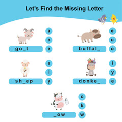 Fototapeta premium Find and complete the missing letter worksheet for toddler with cute farm animal theme. Worksheet for preschool. Introducing letters to kids. Cute goat, sheet, buffalo, donkey and cow. Kawaii vector. 
