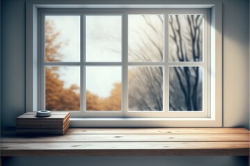 empty wooden table and window room interior decoration background