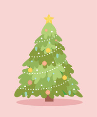 Christmas tree icon. Plant in white garland and yellow toys on pendants, balls and gold star. Poster or banner for website. Comfort and coziness in apartment. Cartoon flat vector illustration