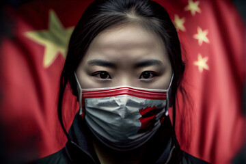 coronavirus in china. A Chinese woman in a protective mask with a Chinese flag, lockdown and protests, ai generated