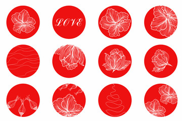 Round icons with delicate hand-drawn flowers, abstract lines, for highlighting stories, social networks, for bloggers, photographers, for highlighting covers. Aesthetic background, modern fashion blog