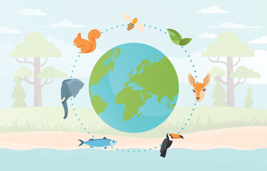 Biodiversity as species variety. Animals and fish next to globe, biology and fauna, wild life. Poster or banner for website. Educational material and infographics. Cartoon flat vector illustration