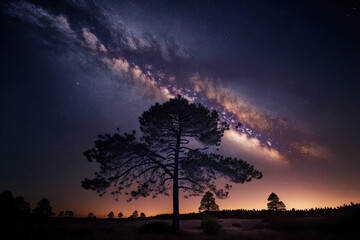 Obraz na płótnie Canvas Before dawn, a night sky is graced with the lovely milkyway and a shadow of a pine tree. Generative AI
