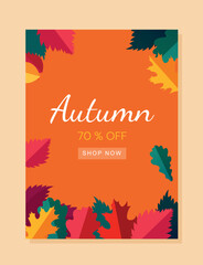 Autumn sale layout. Voucher with colorful leaves. Poster, banner or cover for website. Nature and flora. Special offer, limited. Discounts and promotions online. Cartoon flat vector illustration