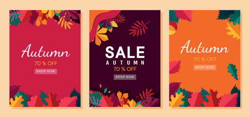 Autumn sale layout set. Collection of advertising posters and banners for website. Promotions and special offer, online marketing. Cartoon flat vector illustrations isolated on beige background