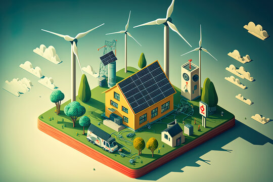 Manufacturing Facility Using Renewable Energy. Solar Panels And Windmills At A Weather Station Are Ecologically Friendly Renewable Energy Sources. Buildings Are Represented By Smart Device Icons