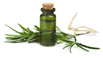 bottle of aromatic essence oil and fresh rosemary