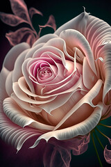 Beautiful pink and white rose in realistic painting art style, close up view	