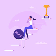 Fear of failure, anxiety or stressed, negative emotion in career development, afraid of progress forward concept, depressed businesswoman sitting on stairway to success goal