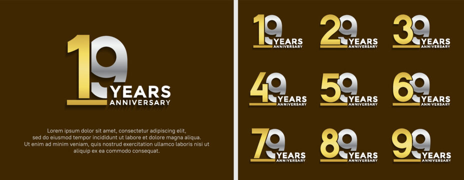 set of anniversary logo style golden and silver color on brown background for celebration