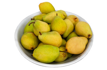 Pear. Lots of fresh, mouth-watering fruits are on a white plate. The concept of healthy, child food, vegetarianism. isolated