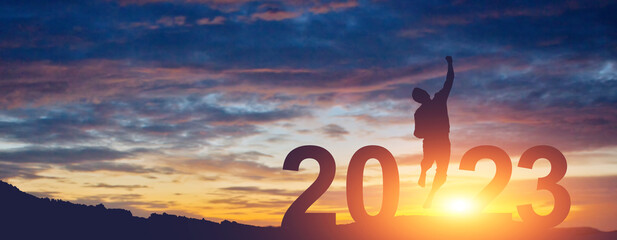 Happy New Year Background. Successful jump to the year 2023.