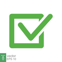 Green check mark icon. Simple flat style. Tick sign, checklist, right symbol, correct, ok, checkmark, agree, approved concept. Vector illustration isolated on white background. EPS 10.