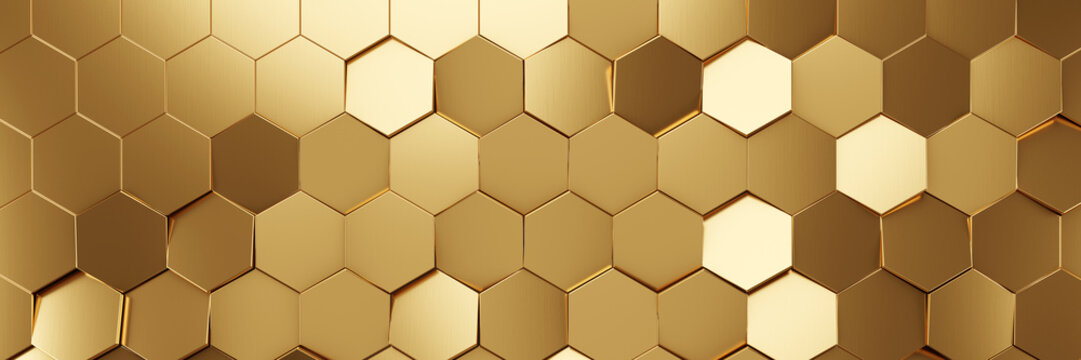 Futuristic gold hexagonal texture background. 3d rendering