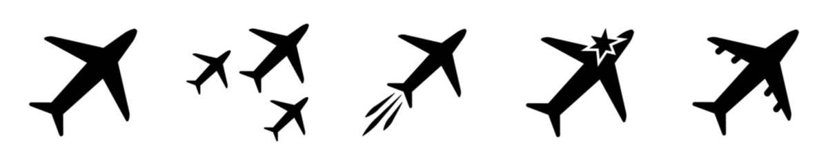 Conjunto de iconos de siluetas negras de avión. Despegar, equipo de aviones. avión dañado o descompuesto. Ilustración vectorial