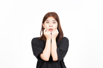 WOW Face Expression with hands on chin Of Beautiful Asian Woman Isolated On White Background