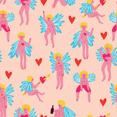 Fototapeta na wymiar Valentine funny angels seamless pattern. illustration in doodle style