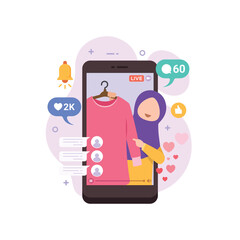 Selling product on live stream.  Woman review or selling her product through live streaming. influencer marketing and live streaming e-commerce concept vector illustration
