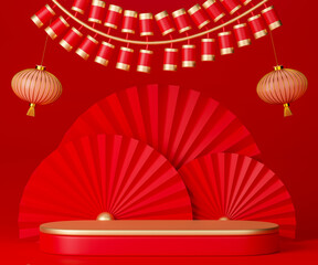 3d rendering Chinese new year day podium with lantern and Chinese firecrackers.