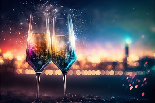 champagne in glasses fireworks