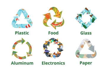 Waste recycling emblem set vector flat ecology safety garbage sorting mark circular arrows