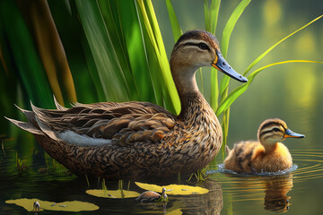 A wild duck with its young. Generative AI