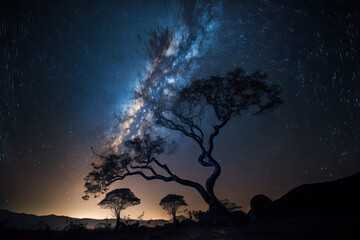 Fototapeta na wymiar Milky Way and tree silhouettes at Phu Hin Rong kla National Park Thailand's phitsanulok. Generative AI