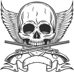 Vintage skull with wings, ribbon and crossed sawn-off shotgun monochrome isolated illustration
