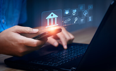 Businessman using mobile online banking and payments, digital marketing. Financial and banking...