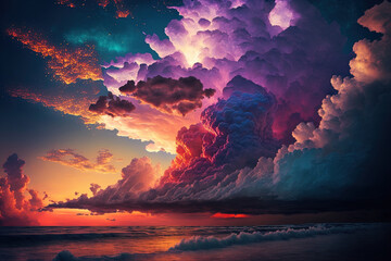 Fototapeta na wymiar colorful clouds in a cloudscape at sunset close to the ocean. Generative AI