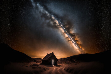 Long exposure shot of the milky way and a hut's silhouette with grain. Generative AI