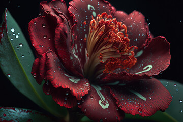 a close up of a crimson flower in bloom with droplets on it. Generative AI
