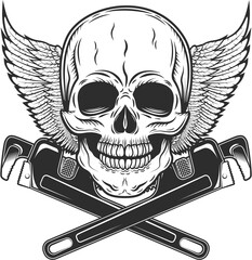 Vintage monochrome skull builder from new construction with crossed wrenches plumbing and gas pipes with wings isolated illustration