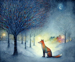Beautiful Red Fox on a Path to a Snowy Christmas Village with Winter Trees and Xmas Lights. Christmas Card. [Digital Art Painting. Christmas / Winter / Storybook Background. Graphic Novel, Postcard]