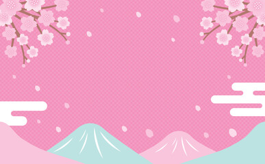 和風な春の山と桜の花のベクターフレーム素材_ピンク_文字なし