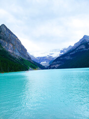 Mountain landscape, lake and mountain range, large landscape, Canada.Beautiful autumn views of iconic Lake Louise in Banff National Park in the Rocky Mountains of Alberta Canada