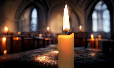 Candles glowing in a dark catholic church. 3D illustration.